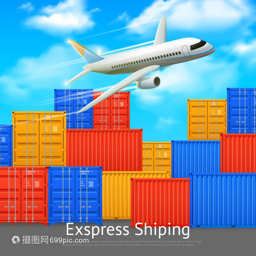 快遞貨運(yùn)集裝箱海報(bào)快遞海報(bào)與同顏色的貨物集裝箱露天儲(chǔ)存飛機(jī)矢量插圖